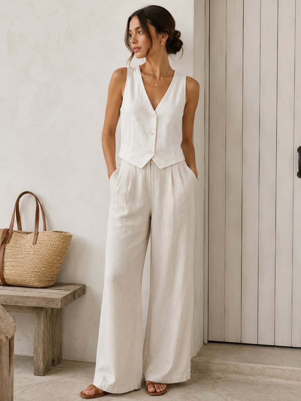 Madewell 100% Linen Button Front Vest Ivory Coastal Quiet Luxury Size 12